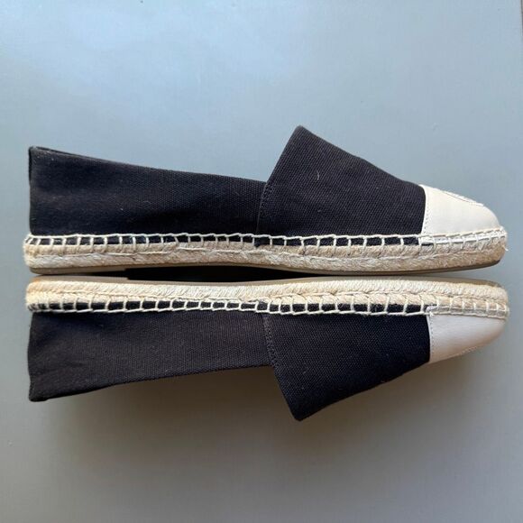 Tory Burch Canvas Black Ivory Color Block Flat Espadrille Size 10.5 Cap Toe - Picture 6 of 14
